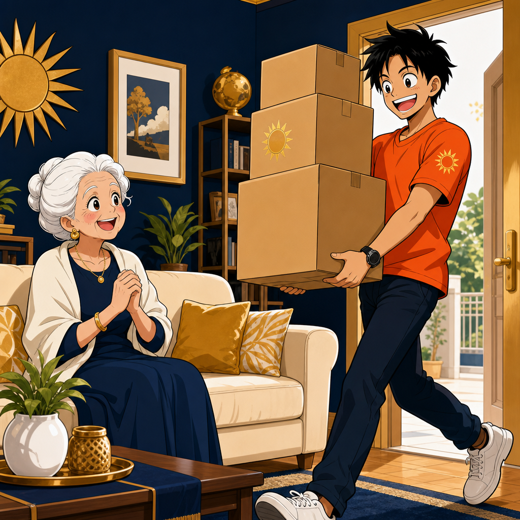 Chauffeur Sun Move arrive avec des cartons dans le salon d'une dame âgée souriante
