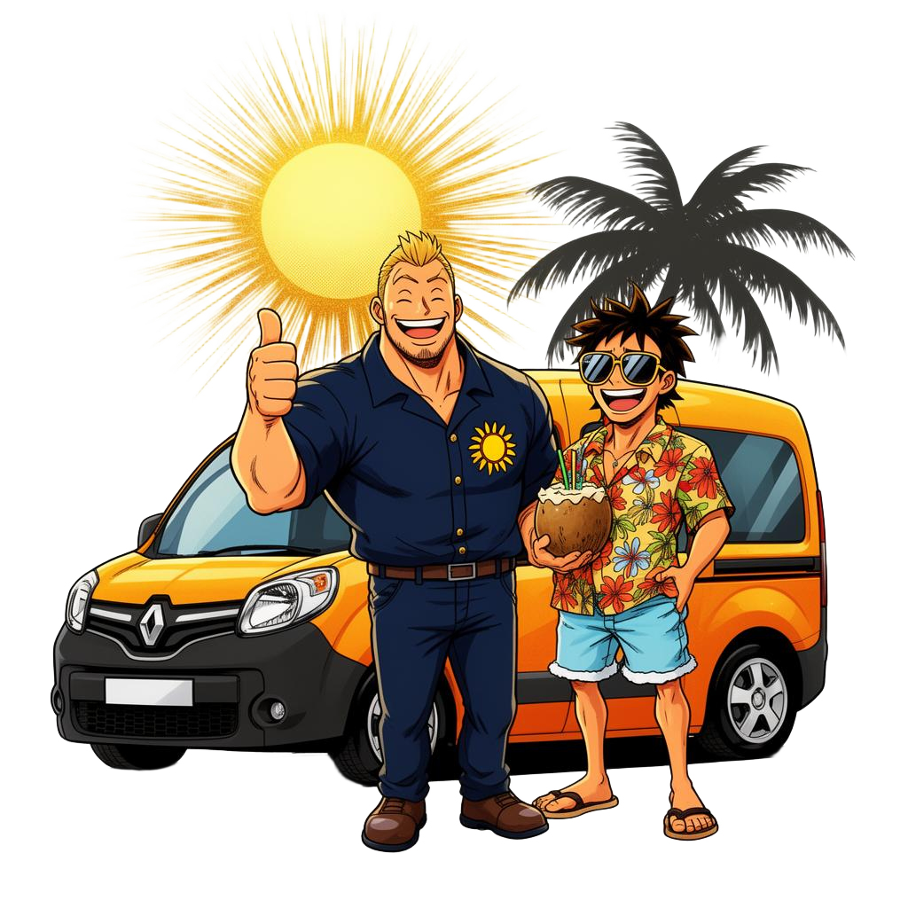 Chauffeur Sun Move et client détendu à Béziers, style cartoon